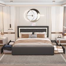 Photo 1 of  LED Leather Bed Frame Queen, Upholstered Platform Bed with USB Ports, APP Control, Black