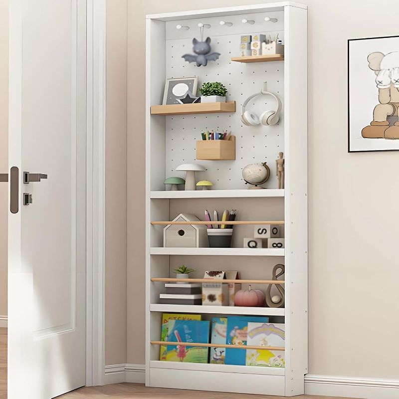 Photo 1 of Behind The Door Bookshelf Wall Mount, Wooden Bookshelf, Space-Saving Hidden Storage Behind Door with Perforated Board, Toy Storage for Living Room White 15.7 * 3.9 * 70.1in