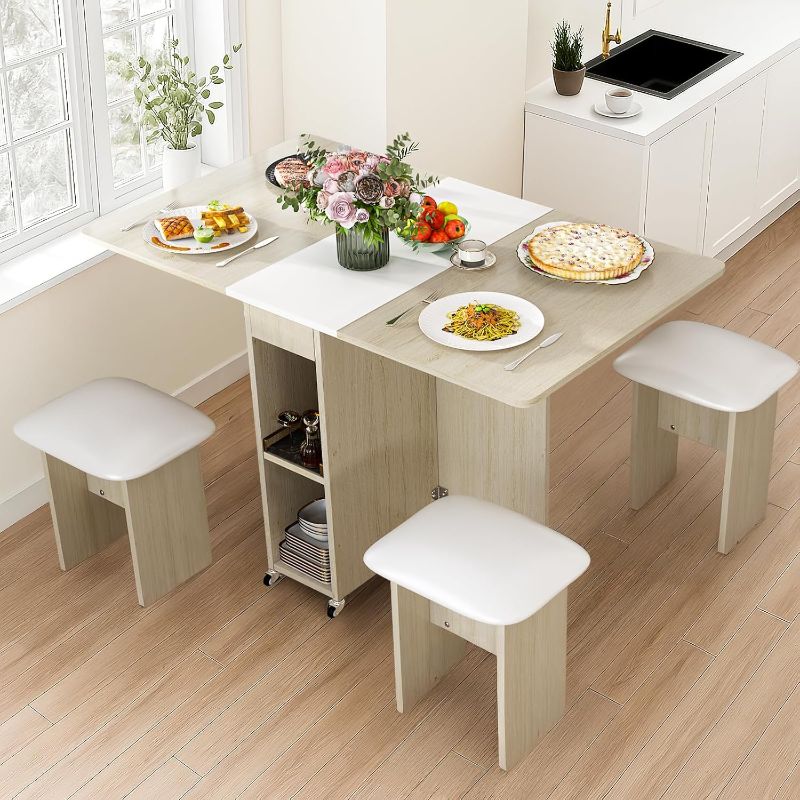 Photo 1 of Foldable Dining Table Set for 4,Folding Dining Table with 4 Leather Chairs & Storage,Drop Leaf Dinner Table with 6 Wheels,Folding Kitchen Table and Chairs Set for Small Spaces, Beige