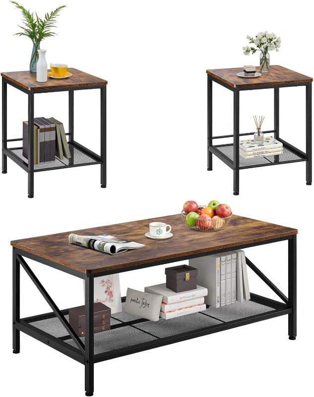 Photo 1 of 3 Pieces Living Room Table Sets, 41.3 in Industrial Coffee Table with 2 Square End Side Tables, Easy Assembly Coffee and End Tables Sets with Metal Legs, for Office, Living Room & Apartment
