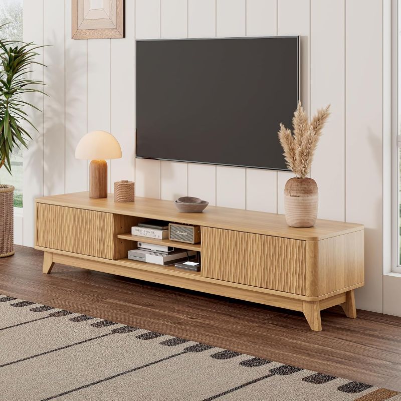Photo 1 of 59" TV Stand for Living Room, Mid Century Modern Entertainment Center for 55/60/65 Inch TV, Media Console with Fluted Sliding Doors and Sturdy Box Frame Leg, Natural Oak