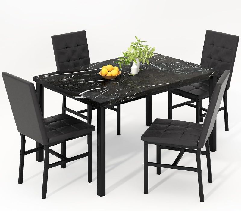 Photo 1 of Kitchen Table Set 5 Piece Dining Room Table Set Marble Dining Table 4 Chair Dining Table Set for Kitchen Living Room Breakfast Small Spaces (Black)