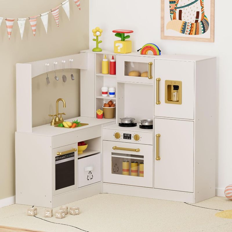 Photo 1 of Corner Play Kitchen for Kids, Wooden Pretend Toy Kitchen, Large Toodler Cooking Playset w/Refrigerator, Stove w/Light & Sound, Disinfection Locker, Water Dispenser, Sink, Home Modern (White)