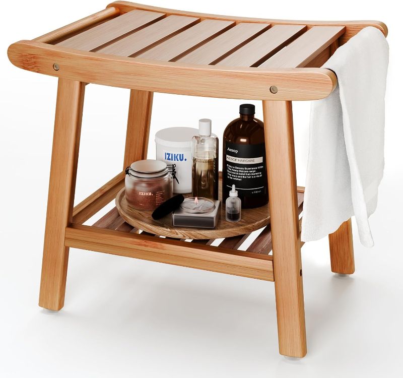Photo 1 of Bamboo Shower Bench for Inside Shower to Sit on,Waterproof Shower Stool for Shaving Legs,Spa Bathroom Shower Chair with Storage Shelf, Bathroom Bench Seat for Senior Adult Disabled Elderly