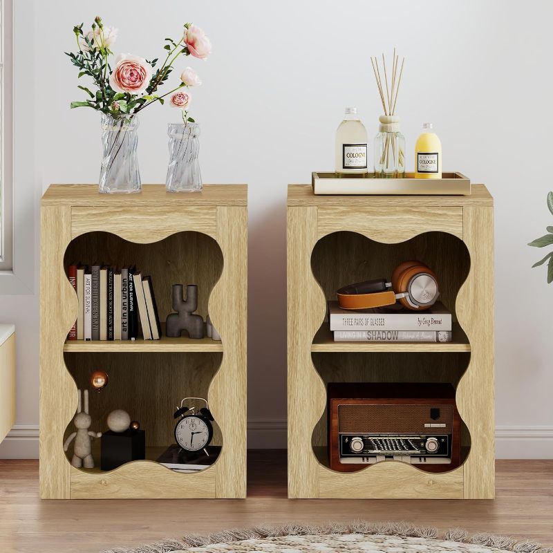 View 1 of (Dark Brown) Bedside Table Set of 2, 15.7'' End Tables Living Room Set of 2 with Shelf Storage, Wood Nightstand Set of Two Wood Grain Pattern Wavy Frame Dark brown
