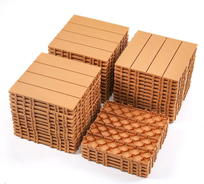 Photo 1 of 44 Pack Interlocking Deck Tiles, 12"x12" Non Slip Waterproof Outdoor Flooring All Weather Use, 100% Acacia Wood Interlocking Patio Tile for Porch Poolside Balcony Backyard, Dark Grey,Natural