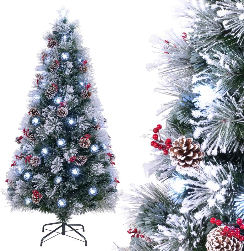 Photo 1 of 7.5 Ft Pre- Fiber Optic Christmas Tree, Artificial Xmas Tree w/270 Snow-Flocked Branch Tips, 76 Cold White LED Lights, Treetop Star, 8 Lighting Modes, Red Berries & Pine Cones