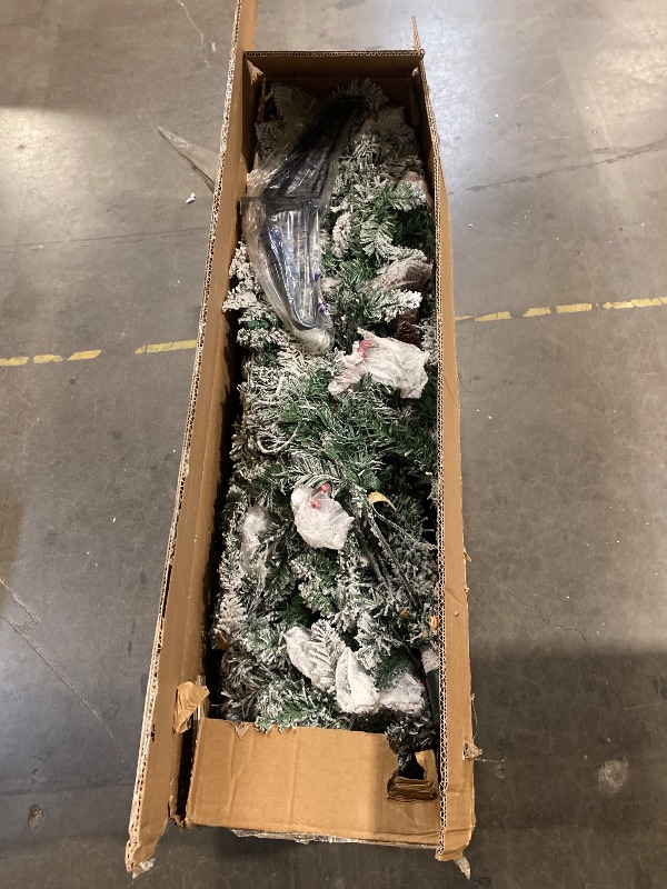 Photo 1 of 7.5 Ft Pre- Fiber Optic Christmas Tree, Artificial Xmas Tree w/270 Snow-Flocked Branch Tips, 76 Cold White LED Lights, Treetop Star, 8 Lighting Modes, Red Berries & Pine Cones