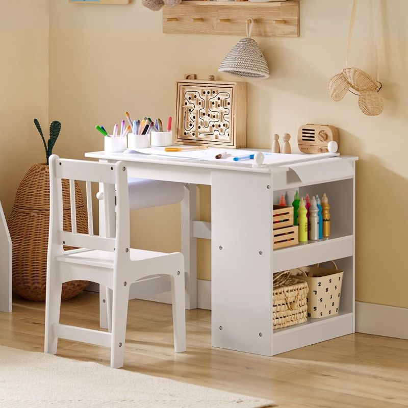 Photo 1 of Kids Craft Table and Chair Set with Paper Roller, Paint Cups & Storage Shelves, 2 in 1 Wooden Art Desk for Drawing Painting Writing, White KMB60-W