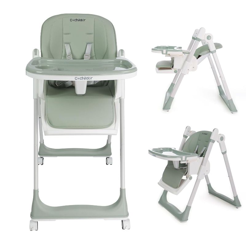 Photo 1 of 3-in-1 Foldable High Chair for Babies & Toddlers – Adjustable Height, Reclining Seat, 5-Point Safety Harness, Removable Tray, Lockable Wheels, Washable Cushion – Portable & Easy Clean, Green