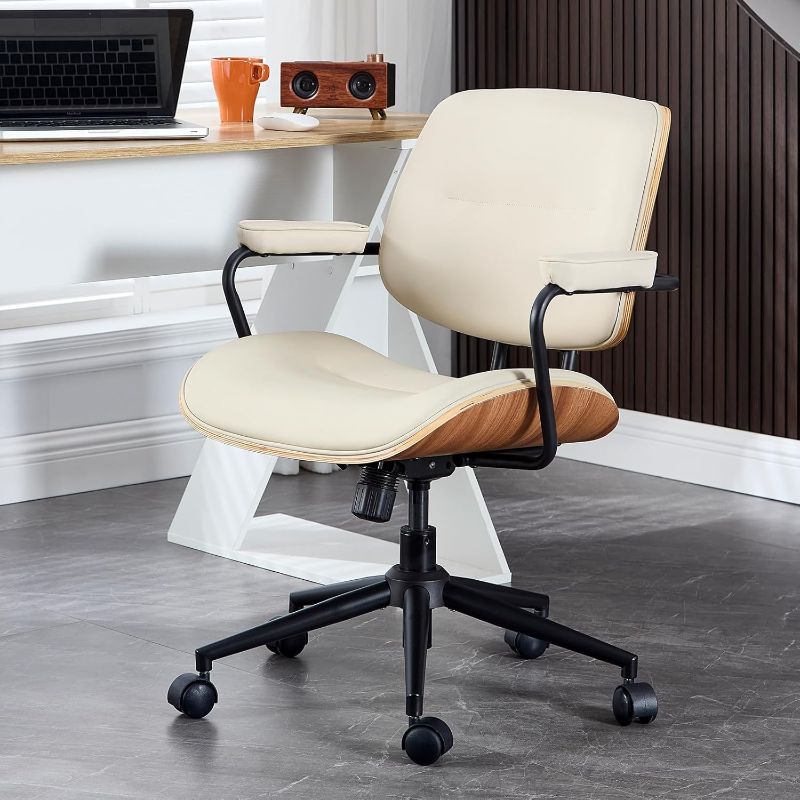 Photo 1 of BV Mid Century Modern Office Chair Set of 1, Swivel Rolling Deak Chair with Armrests and Walnut Back, Adjustable Desk Chair for Home Office, Beige