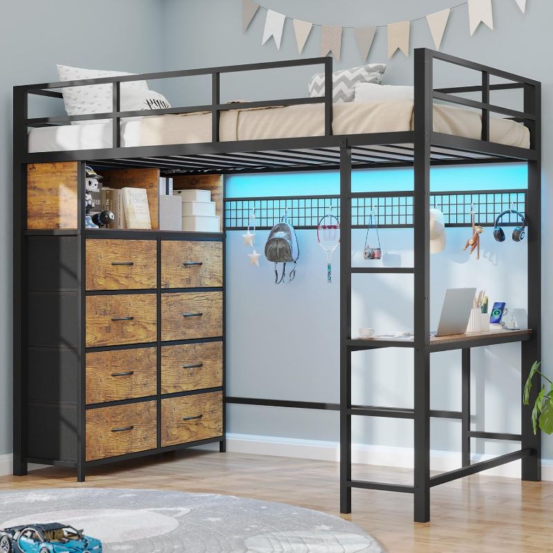 Photo 1 of  Twin Loft Bed with Desk & 8 Storage Drawers Tall Dresser, Metal Loft Bed with LED Lights & Charging Station, 2-Tier Storage Shelves, Stable & Sturdy, Noise Free, Rustic Brown and Black