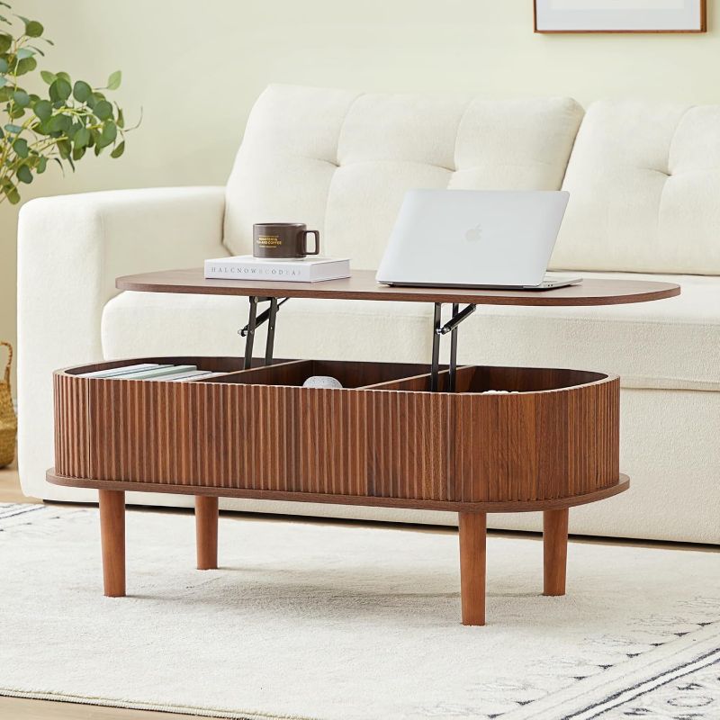 Photo 1 of Fluted Lift Top Coffee Table with Hidden Compartment, Fully Assembled Wooden Center Table, Modern Oval Lift Tabletop for Home Living Room Office, Walnut