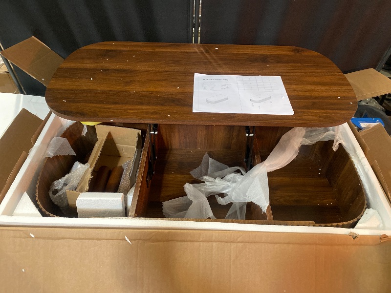 Photo 1 of Fluted Lift Top Coffee Table with Hidden Compartment, Fully Assembled Wooden Center Table, Modern Oval Lift Tabletop for Home Living Room Office, Walnut