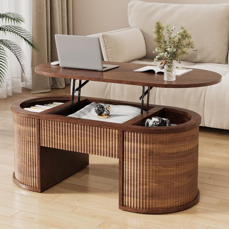 Photo 1 of Fluted Lift Top Coffee Table with Storage, Oval Living Room Center Table with Hidden Compartment, Mid Century Modern Wood Coffee Table for Small Space|Home Office, Walnut