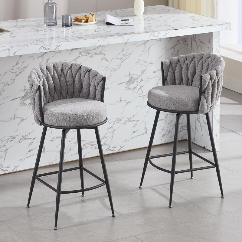 Photo 1 of  Bar Stools Set of 2 for Kitchen Counter, 26 inch Modern Fabric Counter Height Barstools, 360°Swivel Bar Chairs Stools with Woven Back and Footrest for Bar, Kitchen Island