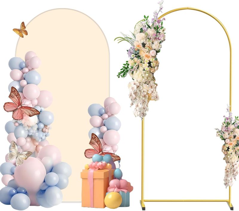 Photo 1 of Double Metal Arch Backdrop Stand and Cover Set, 6FT Beige Reusable Spandex Fitted Backdrop Cover and Gold Wedding Arch Frame for Baby Shower, Birthday, Parties Decoration