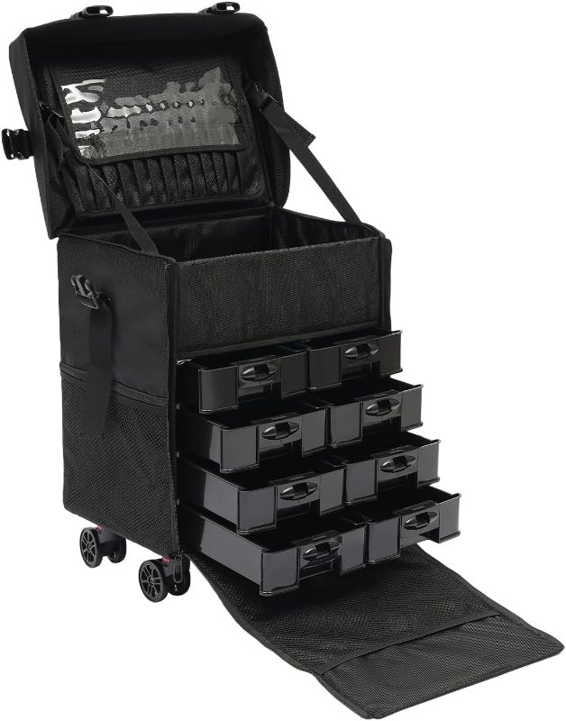 Photo 1 of Professional Soft Sided Makeup Case Trolley,Rolling Makeup Case, Makeup Suitcase with Wheels, Trolley for Makeup Artist Nail Technician Hairstylist,Black