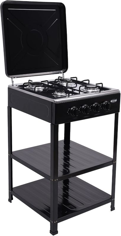 Photo 1 of Countertop Natural Gas Stove 4 Burner, Commercial Kitchen Cooking Stove Set with Adjustable Fire Control & Cover, Free Standing 2-Tier Storage Rack for Apartments, Outdoor, Rvs (Black)