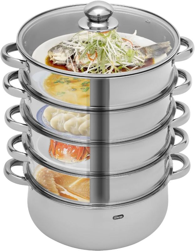 Photo 1 of 5-Tier Stainless Steel Steamer, 28cm Stackable Steamer with Clear Visible Lid, Large Capacity Cookware Steaming Pots for Bread, Dumplings, Vegetables