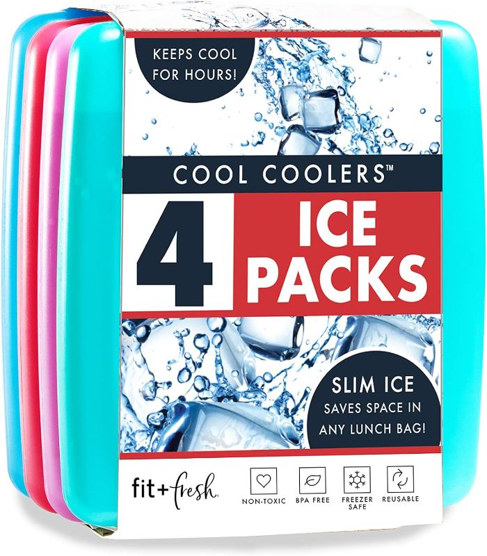 Photo 1 of Cool Coolers by Fit & Fresh 4 Pack Slim Ice Packs, Quick Freeze Space Saving Reusable Ice Packs for Lunch Boxes or Coolers, Multi Colored