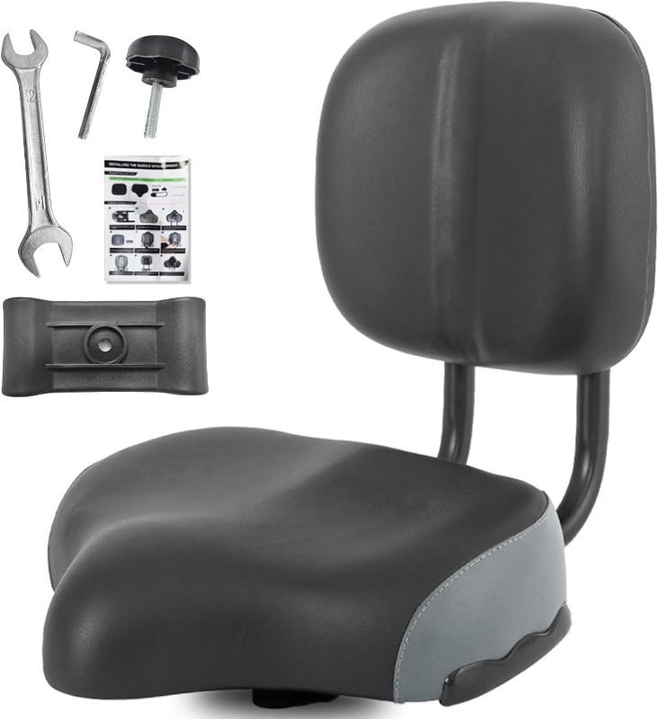 Photo 1 of Bike Seat with Backrest, Oversized Comfortable Ergonomic Design Bicycle Saddle for Men and Women Adjustable Height Bike Saddle for Tricycle City Bike Commuter Bike Electric Bike