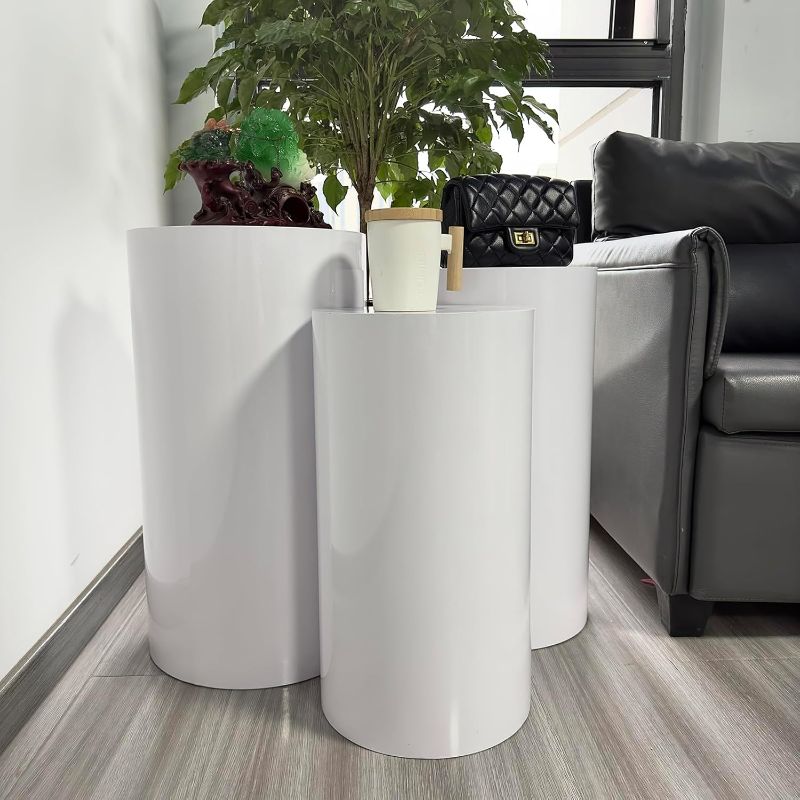 Photo 1 of Cylinder Pedestal Stands for Parties,Metal Cylinder Stands for Party White Round Display Pedestal Stand for Wedding Props Birthday Babyshower Party Event Decor 3PC(75/65/60)