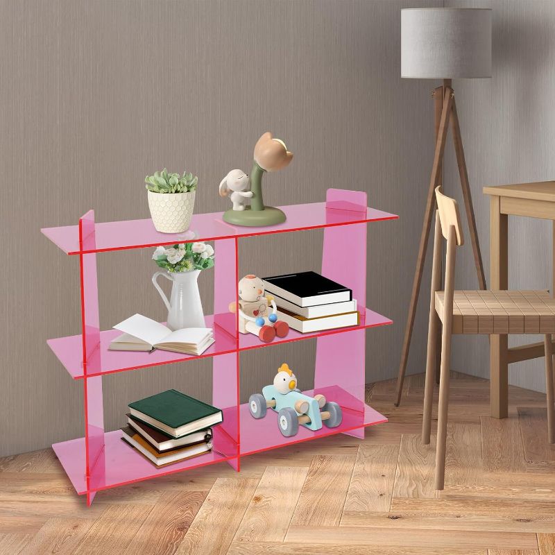 Photo 1 of 3 Tier Acrylic Bookshelf, Free Standing Clear Bookshelf, Countertop Book Shelf, 31.5inch Tall Display Storage Shelf, Multipurpose Open Bookcase, Decor Furniture for Home Office Library Shop (Pink)