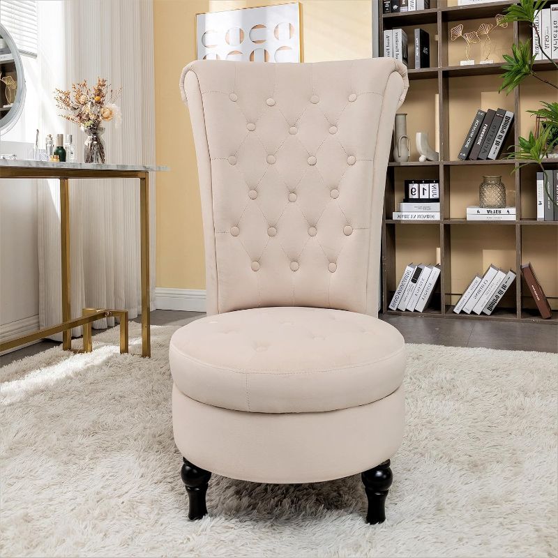 Photo 1 of Royal High-Back Velvet Accent Chair for Vanity with Storage and Luxurious Upholstery, Retro Design and Versatile Usage for Living Room, Bedroom, Lounge and Office, Ivory