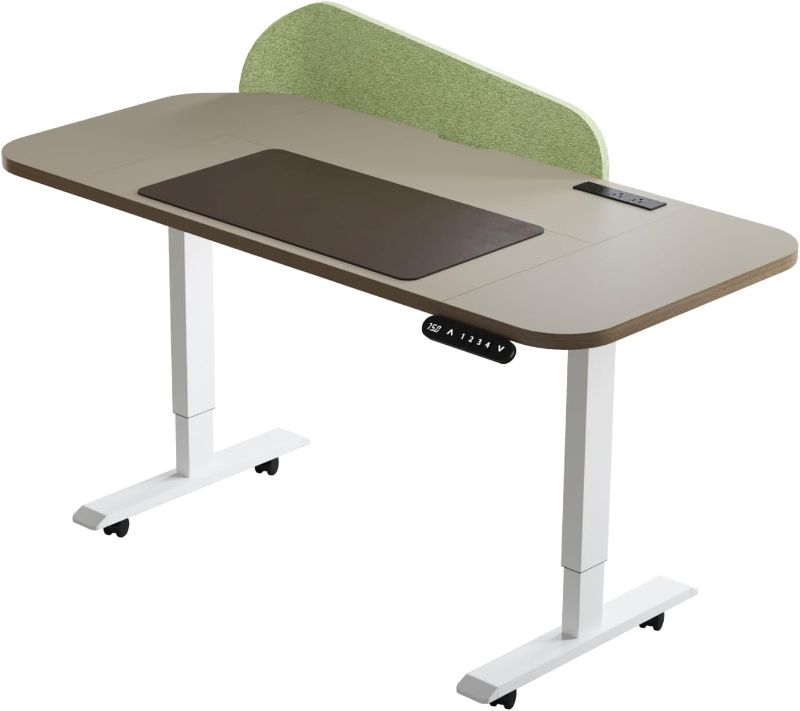 Photo 1 of Electric Standing Desk 63 x 30'', Ergonomically Curved Desktop with Outlet, Lockable Casters, 4 Memory Keys, Easy to Set Home Office Desk, Khaki Top, White Frame, Green Privacy Panel