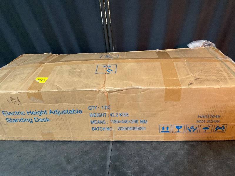 Photo 1 of Electric Standing Desk 63 x 30'', Ergonomically Curved Desktop with Outlet, Lockable Casters, 4 Memory Keys, Easy to Set Home Office Desk, Khaki Top, White Frame, Green Privacy Panel