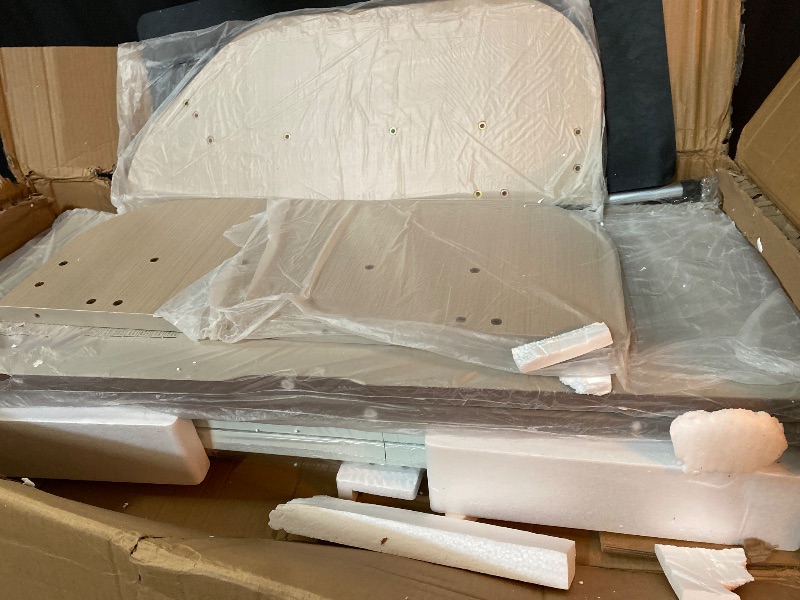 Photo 1 of Electric Standing Desk 63 x 30'', Ergonomically Curved Desktop with Outlet, Lockable Casters, 4 Memory Keys, Easy to Set Home Office Desk, Khaki Top, White Frame, Green Privacy Panel