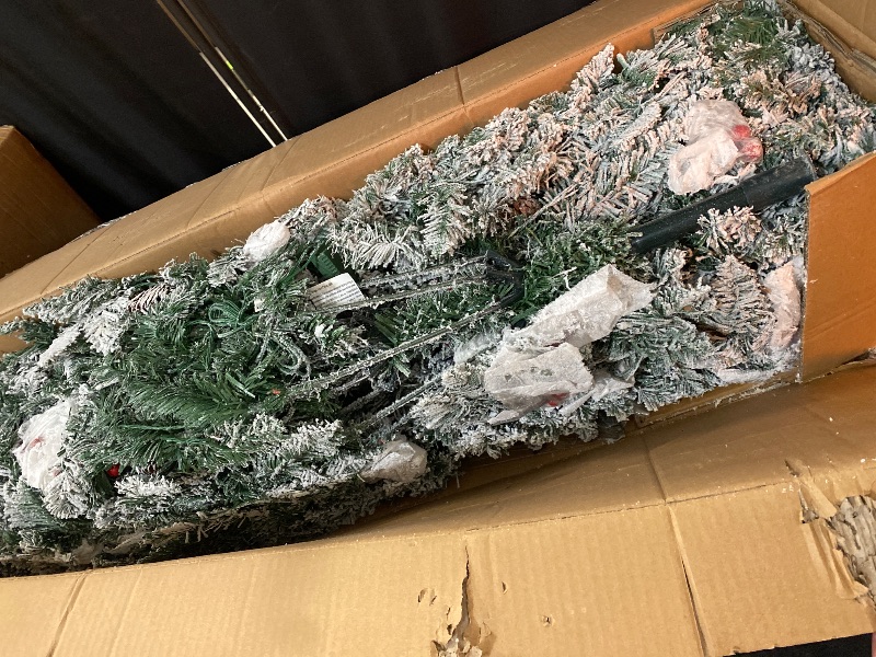 Photo 1 of 7.5FT Artificial Snow Flocked Christmas Tree, Snowy Hinged Pine Tree, Premium PVC Needles/Solid Metal Stand, Xmas Full Tree for Indoor and Outdoor