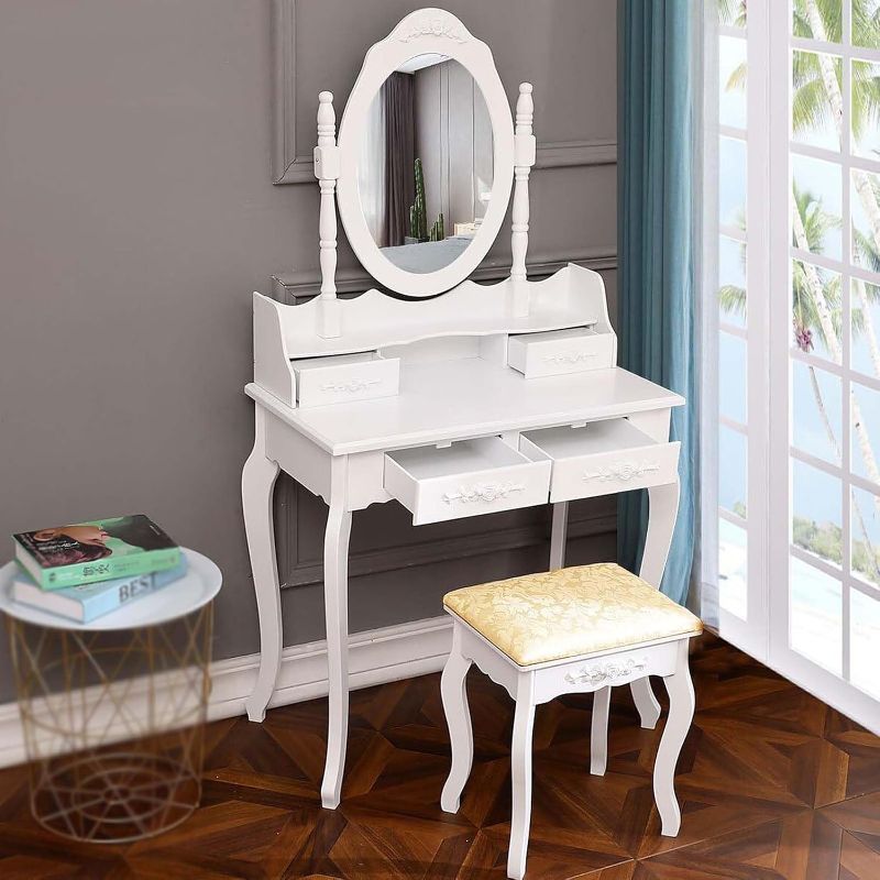 Photo 1 of Vanity Table Set with Oval Mirror and 4 Drawers, Dressing Table with Cushioned Stool, Wooden Makeup Table for Bedroom Bathroom Girls Women, White