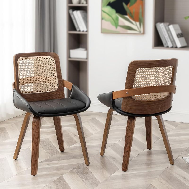 Photo 1 of Set of 2 Black Rattan Dining Chair - Mid Century Modern Dining Chair with Ergonomic Cane Back, Bentwood Frame, Faux Leather Seat, Arms, Walnut Dining Chairs for Living Room/Kitchen (Walnut Black)