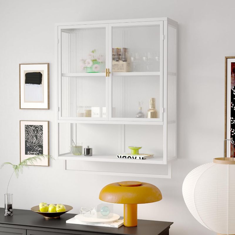 Photo 1 of Retro Style Haze Double Glass Door Wall Cabinet with Detachable Shelves for Office, Dining Room,Living Room, Kitchen and Bathroom Mint White
