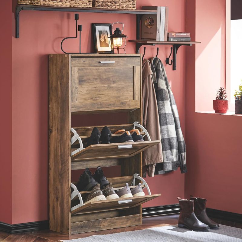 Photo 1 of Freestanding Shoe Cabinet with 3 Flip-Drawers, Rustic Brown, W23.6 x D9.1 x H45.3 inches, Entryway