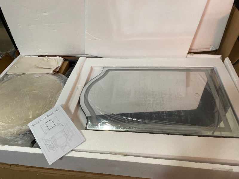 Photo 1 of Corner Makeup Vanity Desk with Mirror and Lights, 44" Dressing Table with Charging Station, Makeup Table with Stool, Storage Cabinet and Adjustable Shelf, Bedroom Vanity for Girls Women, White