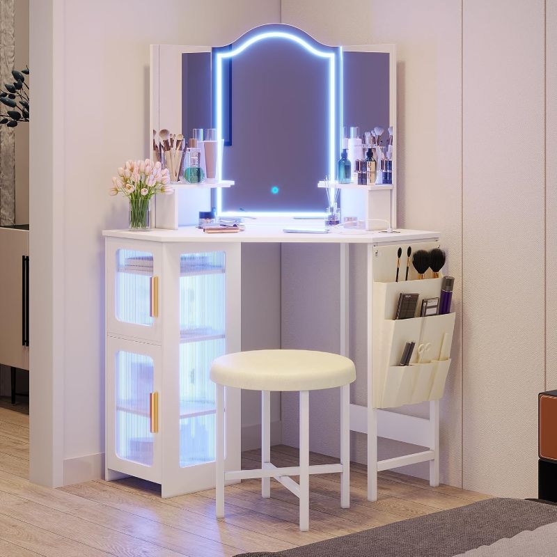 Photo 1 of Corner Makeup Vanity Desk with Mirror and Lights, 44" Dressing Table with Charging Station, Makeup Table with Stool, Storage Cabinet and Adjustable Shelf, Bedroom Vanity for Girls Women, White