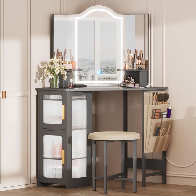 Photo 1 of Corner Makeup Vanity Desk with Mirror and Lights, 44" Dressing Table with Charging Station, Makeup Table with Stool, Storage Cabinet and Adjustable Shelf, Bedroom Vanity for Girls Women, White