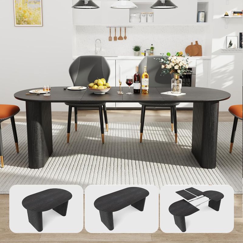Photo 1 of 91 Inch Long Extendable Dining Table for 6-10 People,Oval Dining Room Table with Wood Strip Base,3 Length Adjustable Tabletop,Farmhouse Extendable Table for Home Kitchen Living Room,Black