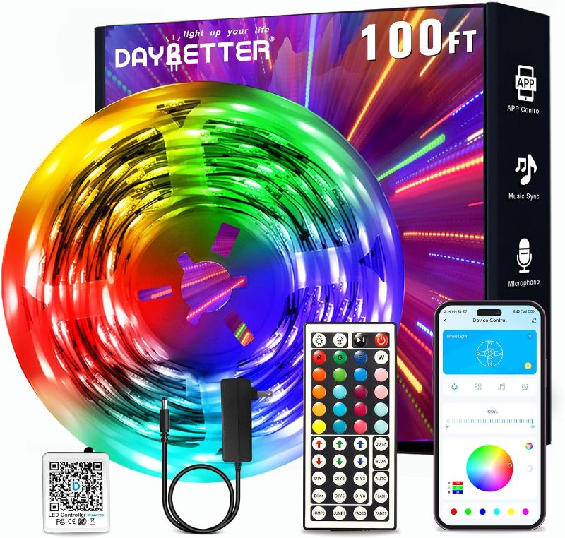Photo 1 of LED Strip Lights 100ft, Smart Lighting with App Remote Control, RGB LED Lights for Bedroom, Music Sync Color Changing for Room Home Decor Party (2 Roll)