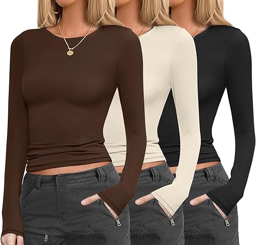 Photo 1 of 2 XL - 1 M - Womens 3 Pack Long Sleeve Shirts Fitted Tops Base Layering Tight Thermal Undershirts