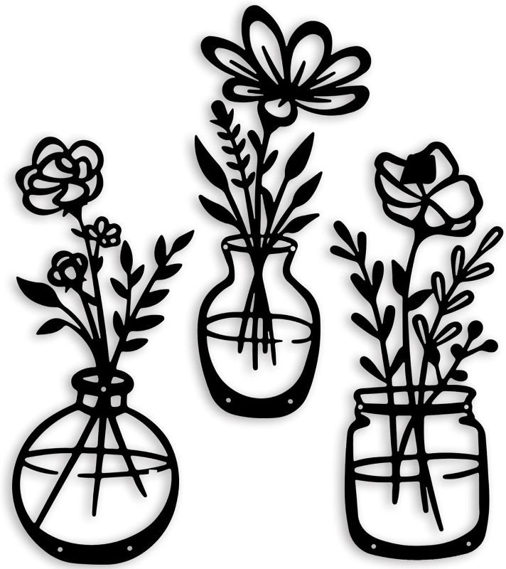 View 1 of 3 Pieces Black Metal Flowers Wall Decor Stocking Stuffers for Teen Girls Christmas Birthday Gifts for Women Wall Art Metal Wall Sculptures Hanging for Indoor Kitchen Bathroom Bedroom living room 14.56x5.9 inches