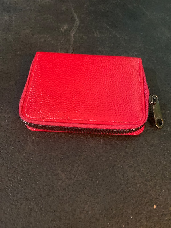 Photo 1 of Credit Card Holder Wallet with 9 Card Slots and 2 Cash Compartments, Compact Zipper Wallet for Men and Women, Leather RFID Blocking Card Organizer for Travel and Daily Use Red
