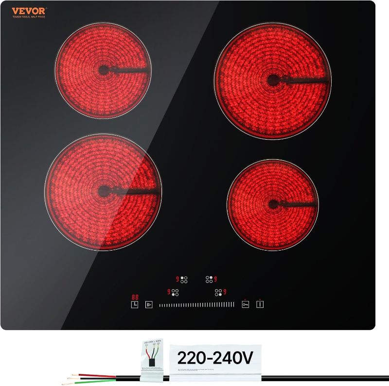 Photo 1 of VEVOR LT4-77 Built in Electric Ceramic 23.2 x 20.5 inch Stove Top, 240V Glass Radiant Cooktop with Touch Control, Timer & Child Lock, 9 Power Levels for Simmer Steam Slow Cook Fry, 24IN 4-Burners