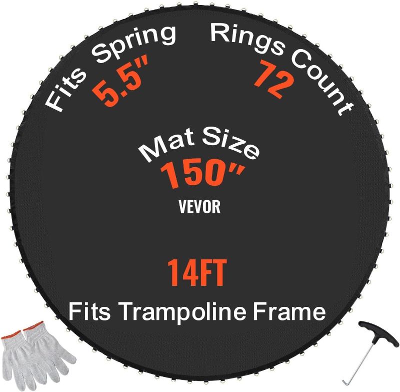 Photo 1 of VEVOR Replacement Trampoline Mat, Jumping Mat Fits 14 ft Frame, Universal Jumping Round Trampoline, UV-Resistant Mat with Spring Tool & 72 V-Rings, Fit 5.5" Spring Length