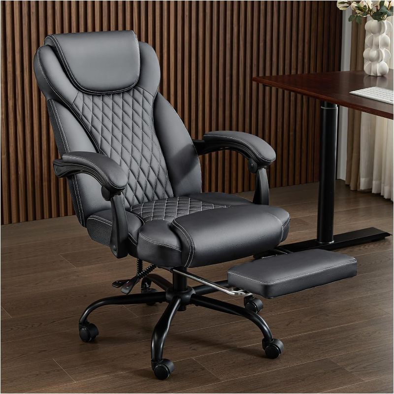 Photo 1 of Office Chair, Big and Tall Office Chair with Foot Rest Ergonomic Chair Home Office Desk Chairs Reclining High Back Leather Chair with Lumbar Support(Gray)