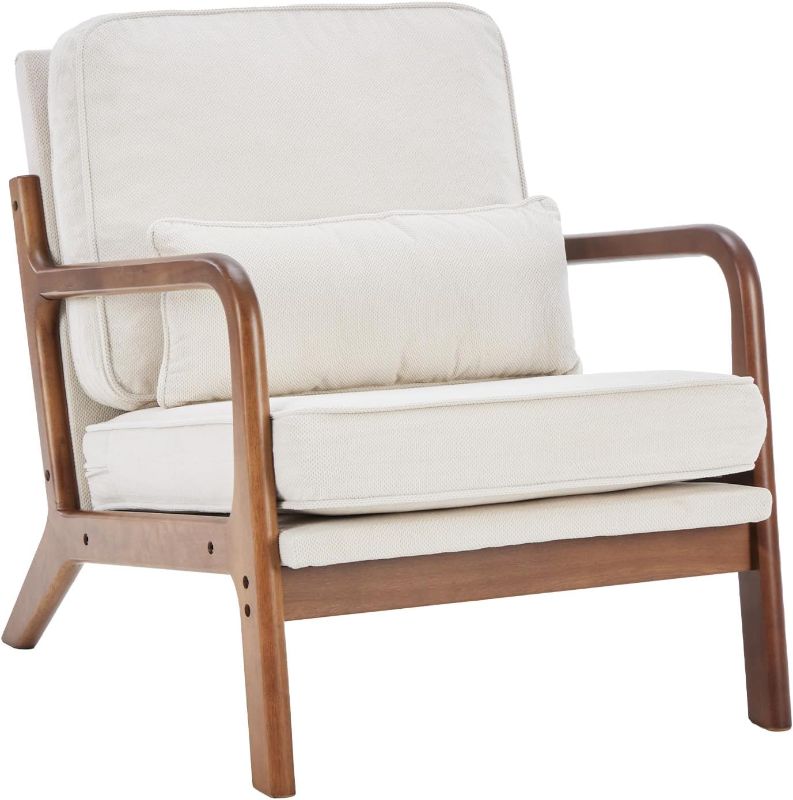 Photo 1 of Mid Century Modern Chair, Accent Chair with Arms and Waist Cushion, Reading Chairs for Adults, Lounge Chair for Living Room and Bedroom, Solid Wooden Frame, Cream