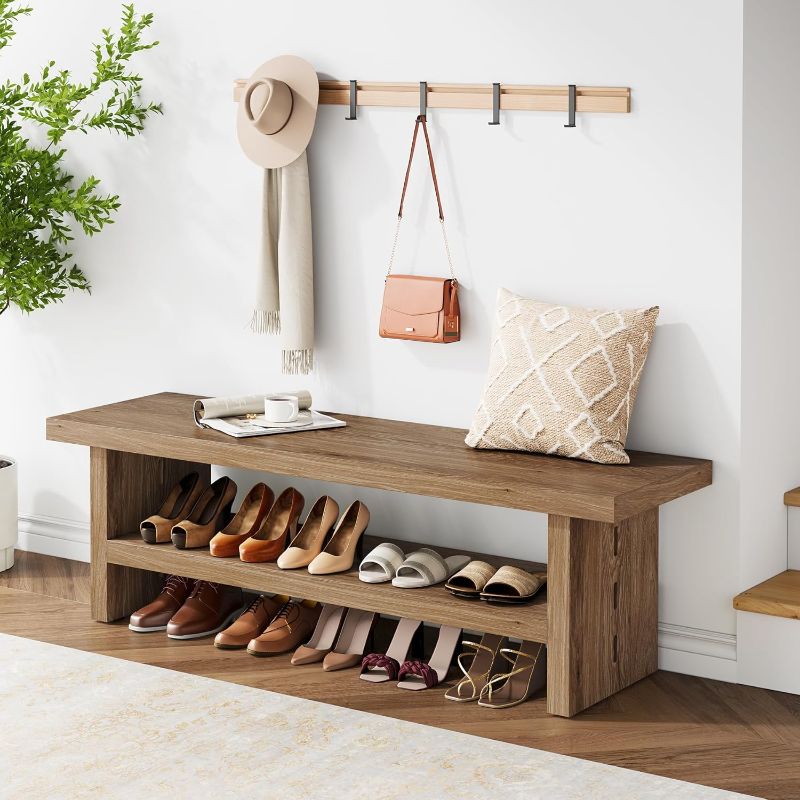 Photo 1 of 2 Tier Entryway Bench, 47.24" Shoe Bench, Rustic Shoe Rack, Wooden Storage Bench for Entryway Hallway Living Room Bedroom, Easy Assembly, Black